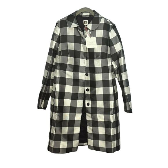 Anne Klein Overcoat Coat Womens Black White Check Satin Weave Button Front SZ 6